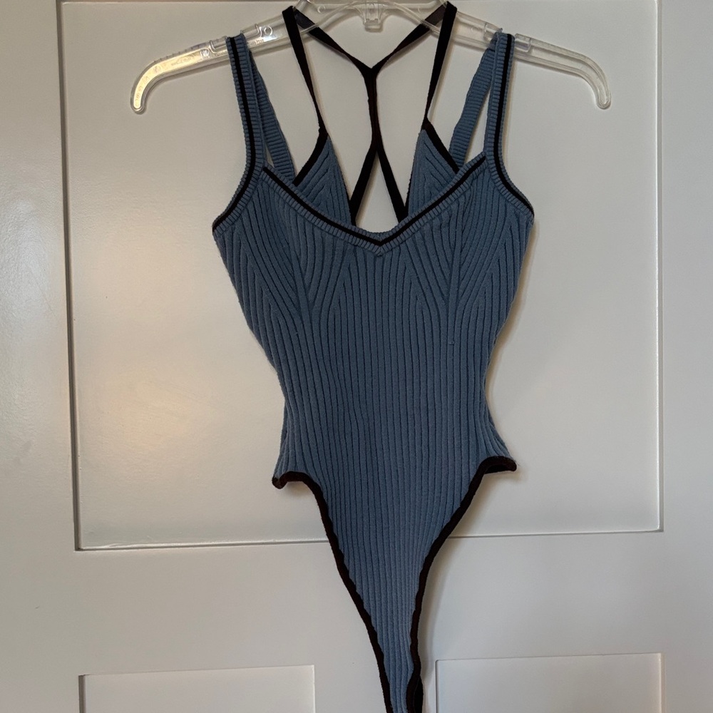 Blue Ribbed Bodysuit with Black Trim